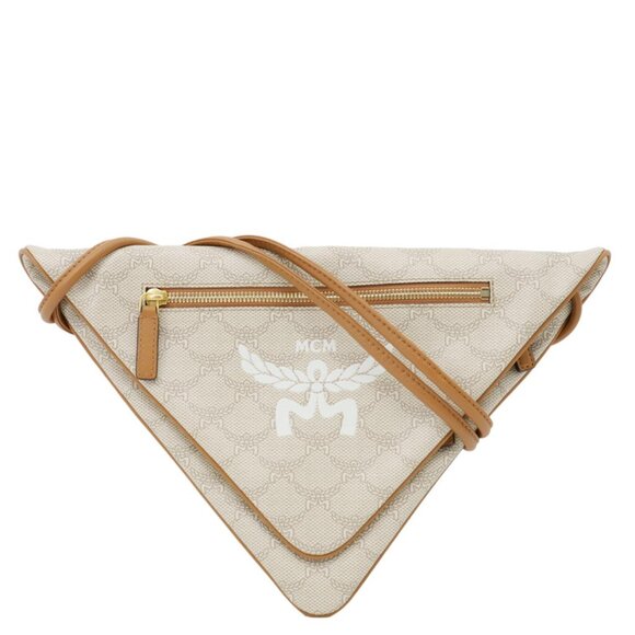 MCM  Triangle Lauretos Visetos Canvas Pouch Shoulder Bag Beige - Picture 1 of 9